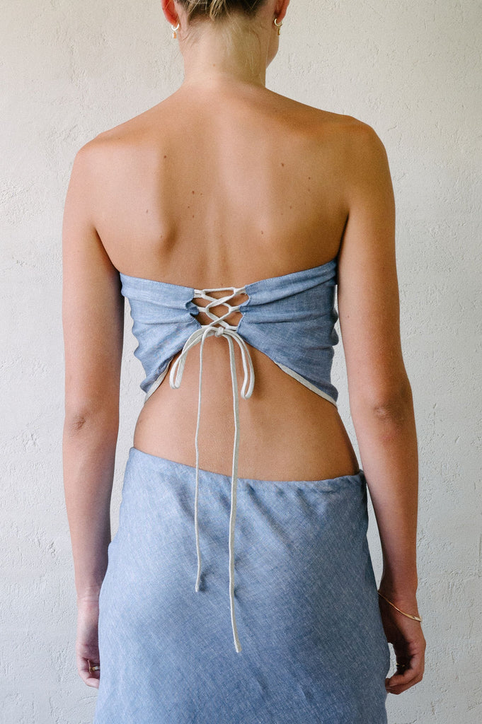 Corset Scarf Top - Denim With Beige Piping - French Linen | Afar Boutique back view 