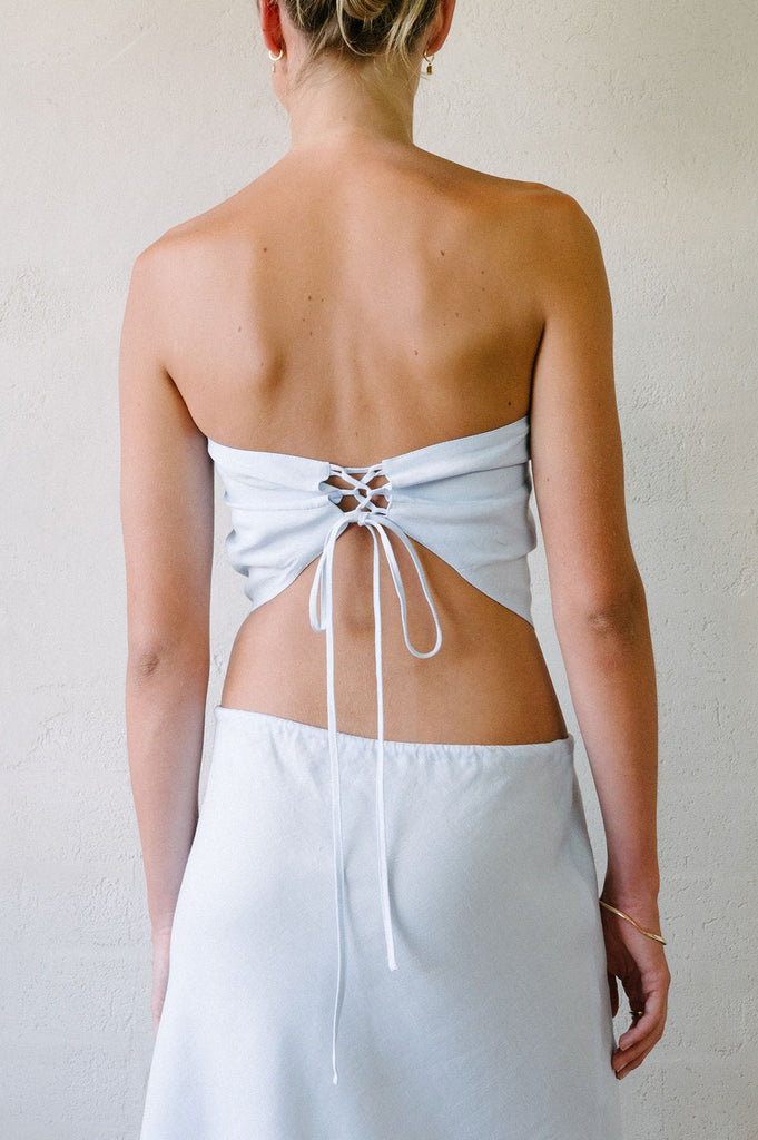 Corset Scarf Top - Pale Blue - French Linen | Afar Boutique back view 