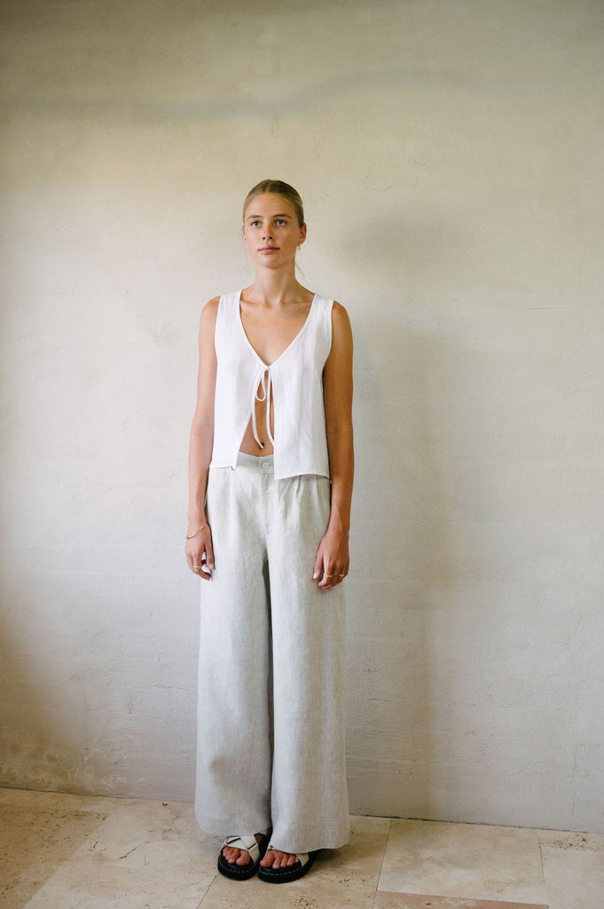 Flared Suit Pants - Natural French Flax Linen | Afar Boutique  fully height front view 