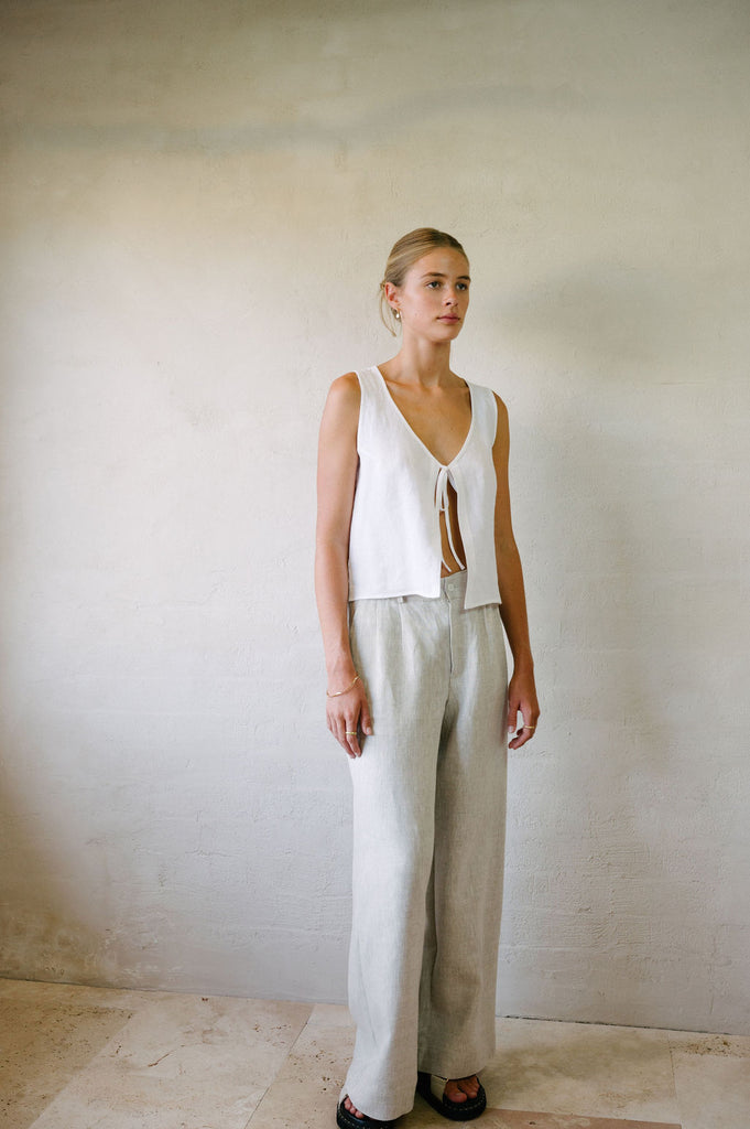 Flared Suit Pants - Natural French Flax Linen | Afar Boutique off to the side full body view 