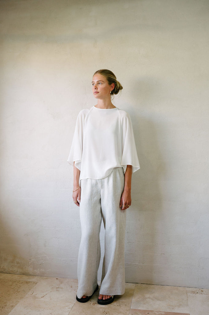 Flared Suit Pants - Natural French Flax Linen | Afar Boutique full body view with shirt 