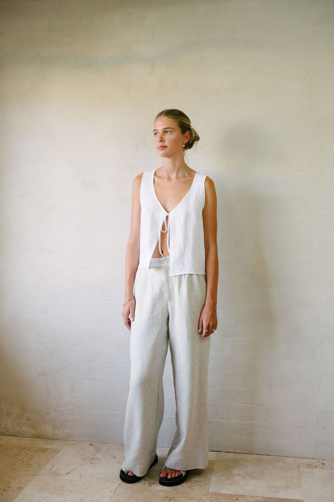 Flared Suit Pants - Natural French Flax Linen | Afar Boutique  full height view 
