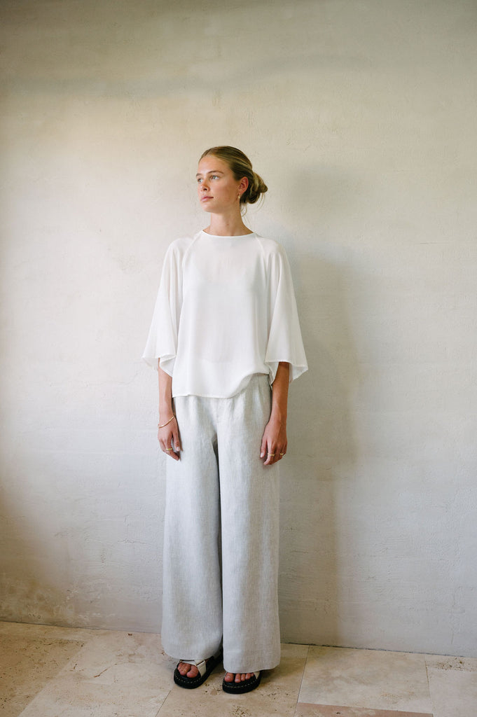Flared Suit Pants - Natural French Flax Linen | Afar Boutique full body view with shirt looking to the side 