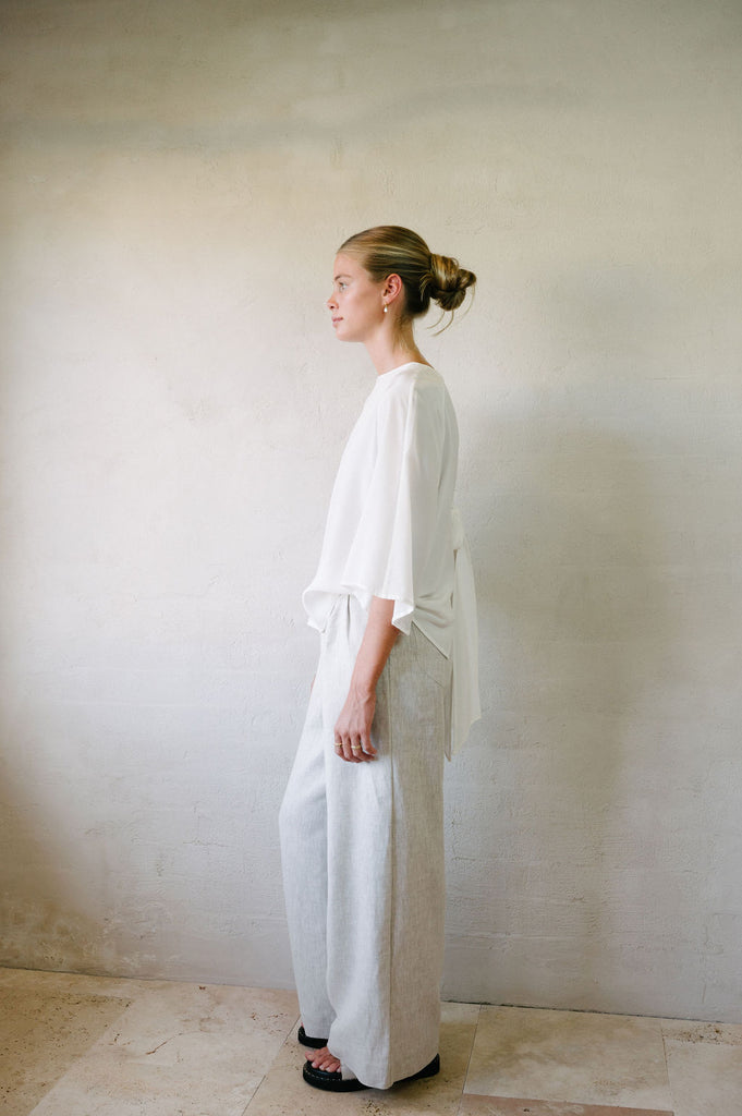 Flared Suit Pants - Natural French Flax Linen | Afar Boutique full height left side with shirt 