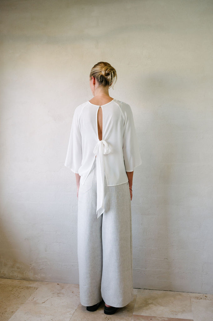 Flared Suit Pants - Natural French Flax Linen | Afar Boutique full height with shirt back view 