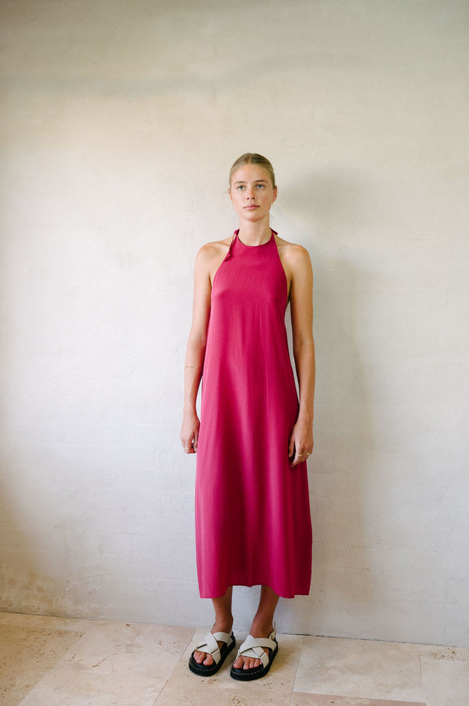Halter Neck - Pure Silk - Maxi Dress - Dark Fuchsia - Afar Boutique full height front view 02
