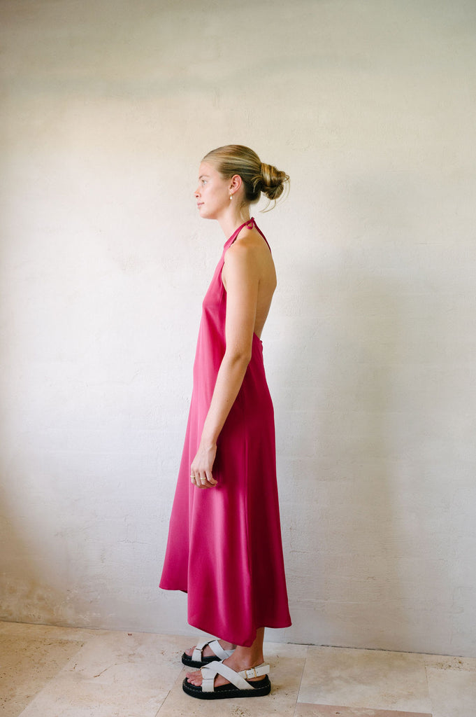 Halter Neck - Pure Silk - Maxi Dress - Dark Fuchsia - Afar Boutique full height left side view 