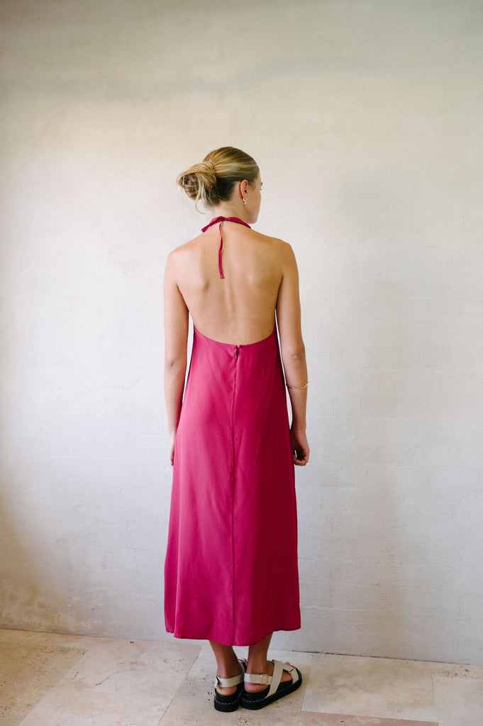Halter Neck - Pure Silk - Maxi Dress - Dark Fuchsia - Afar Boutique full height back view 
