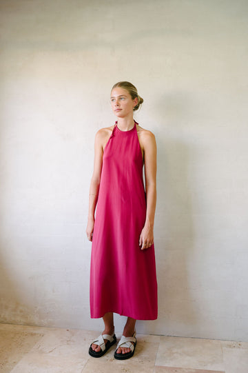 Halter Neck - Pure Silk - Maxi Dress - Dark Fuchsia - Afar Boutique full height front view