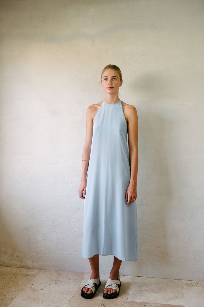 Halter Neck - Pure Silk Maxi Dress - Light Blue Full Body Front View 