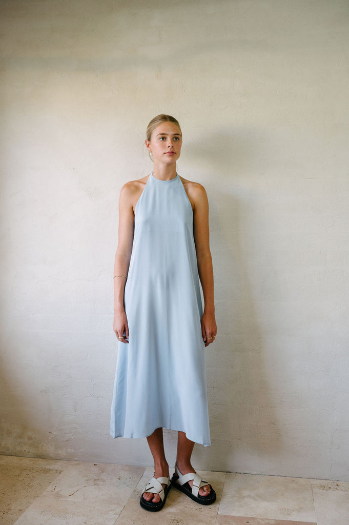 Halter Neck - Pure Silk Maxi Dress - Light Blue Full frontal view model looking to the side