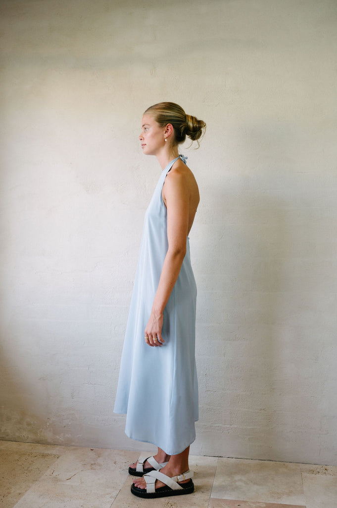 Halter Neck - Pure Silk Maxi Dress - Light Blue left side view
