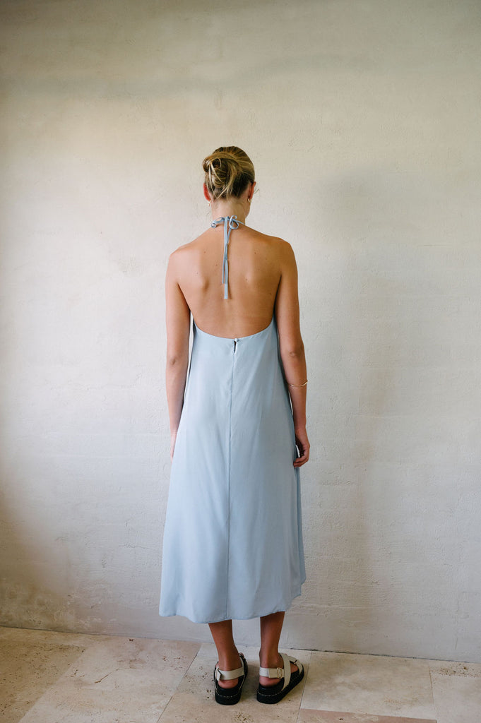 Halter Neck - Pure Silk Maxi Dress - Light Blue back view