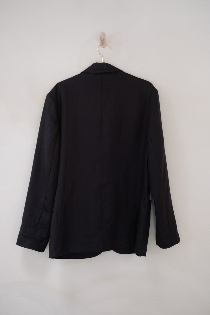 Men’s French Linen Suit Jacket - Black | Afar Boutique Australia hanging back view 