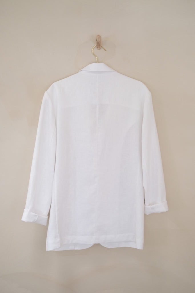 Men’s French Linen Suit Jacket – White | Afar Boutique Australia hanging back view 