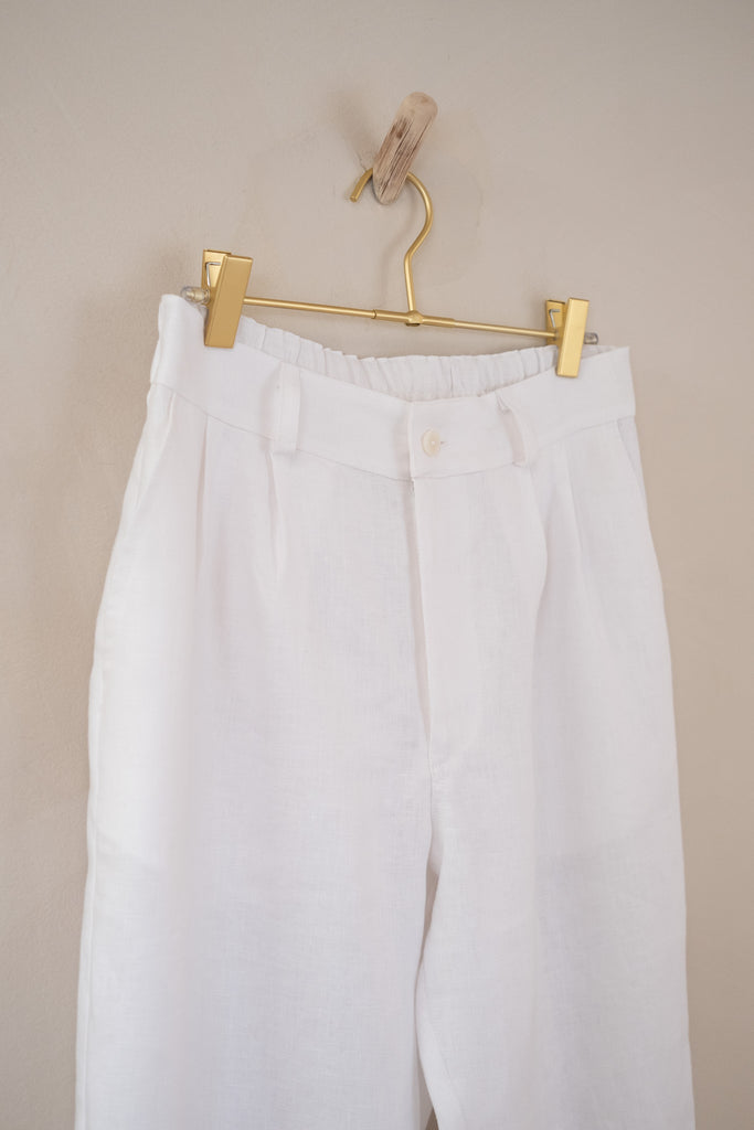 Men’s French Linen Suit Pants - White | Afar Boutique Australia close up front view hanging 