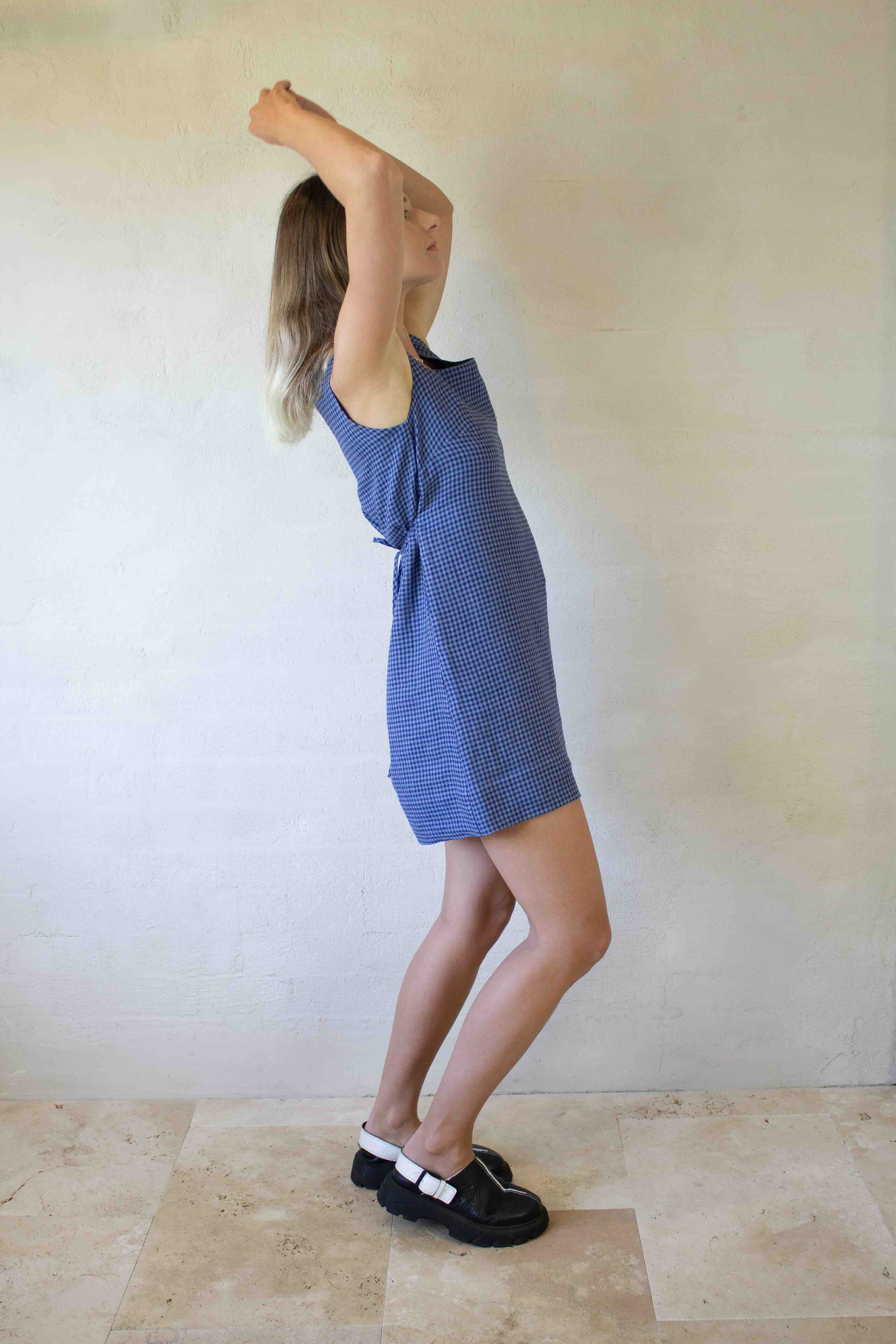 Poppy Dress - Linen Mini Dress in Blue Gingham