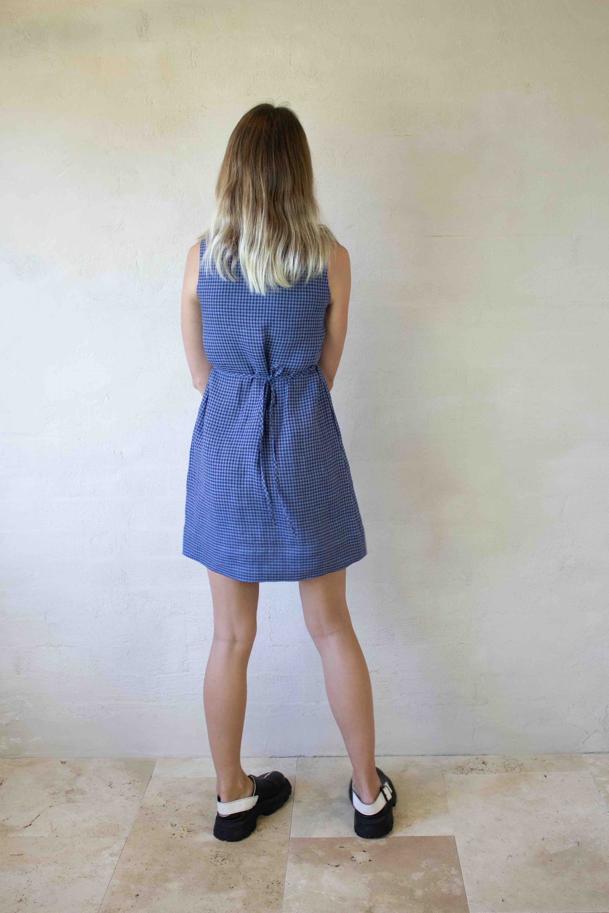 Poppy Dress - Linen Mini Dress in Blue Gingham