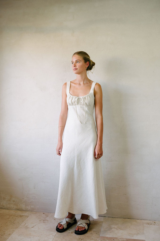 Princess Maxi Dress - Natural - French Linen | Afar Boutique Australia model looking to the side 