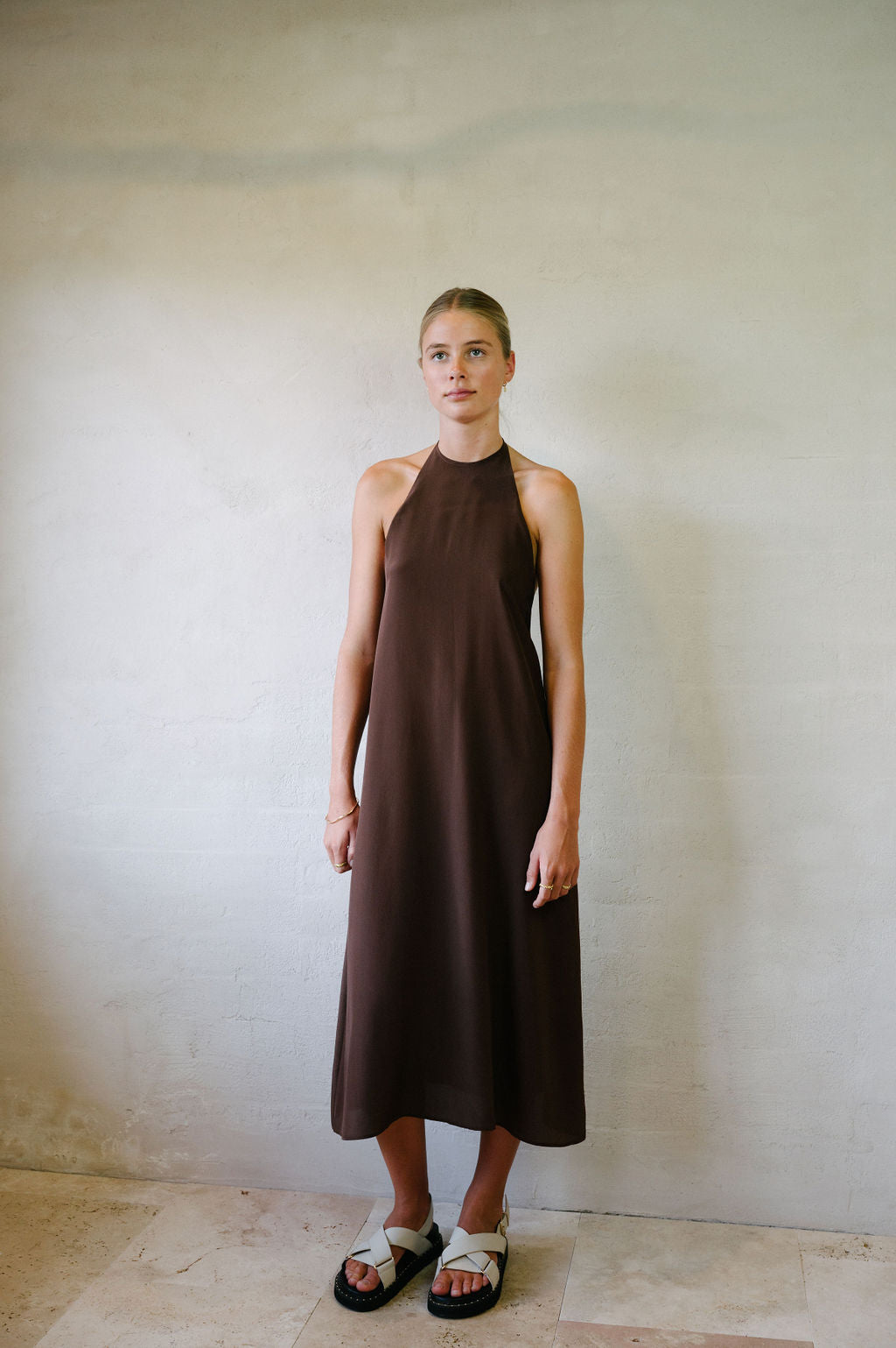 Silk Halter Neck Maxi Dress - Chocolate Brown