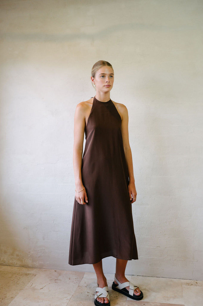 Silk Halter Maxi Dress - Chocolate Brown | Afar Boutique Australia front view, model looking to the side 