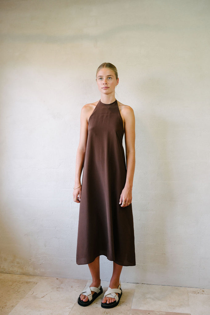 Silk Halter Maxi Dress - Chocolate Brown | Afar Boutique Australia full height front view 