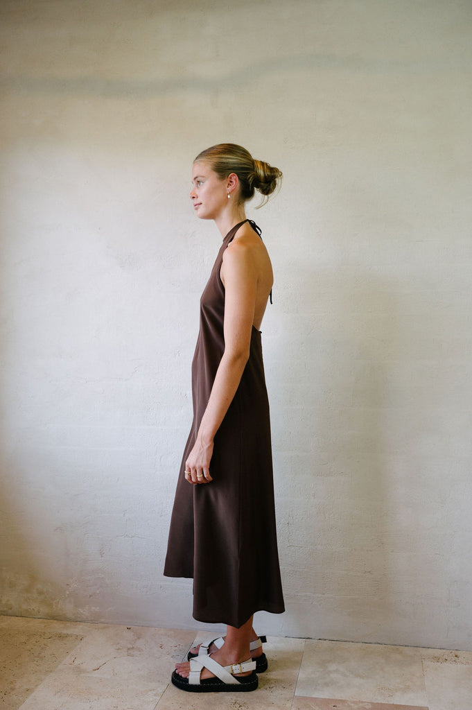 Silk Halter Maxi Dress - Chocolate Brown full height left side view 
