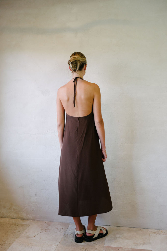 Silk Halter Maxi Dress - Chocolate Brown | Afar Boutique Australia full height back view