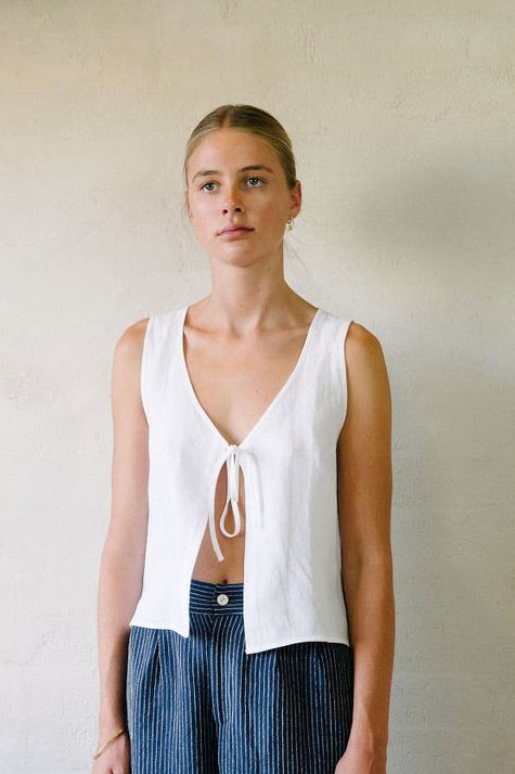 Traveller Vest - White - French Linen | Afar Boutique Australia torso view  2