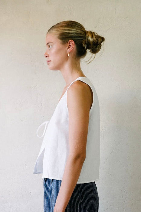 Traveller Vest - White - French Linen | Afar Boutique Australia torso left side view 